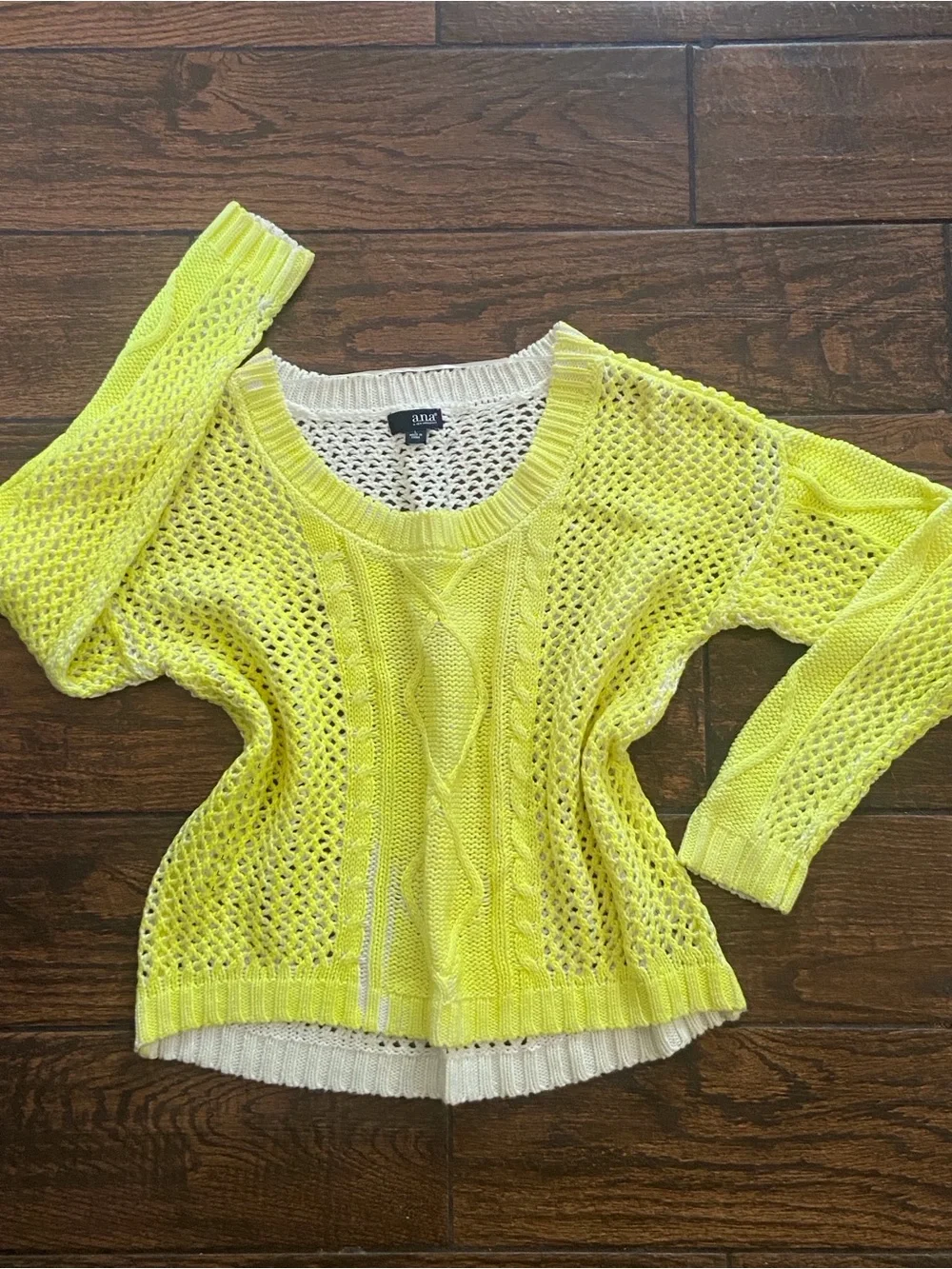 a.n.a Neon Yellow Open-Knit Cable Scoop Sweater Size L